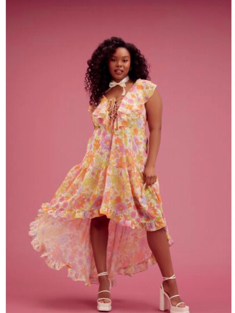 Free People Ruffle & Flow Maxi Dress Floral High-Low Dress in Pink & Orange Size